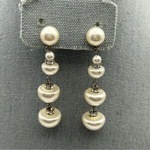 Vintage Richelieu Faux Pearl Graduated Dangle Screw Back Earrings w/ Rhinestones